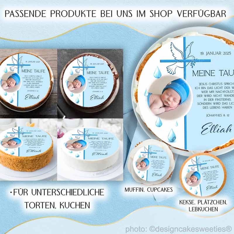 Tortenbild Taufe Junge mit Foto, Spruch, Taube, Kreuz in Farbe Blau. Essbares Tortendbild für Tauftorte, Taufkuchen rund. Mit Muffinaufleger, Keksaufleger kombinierbar als Set